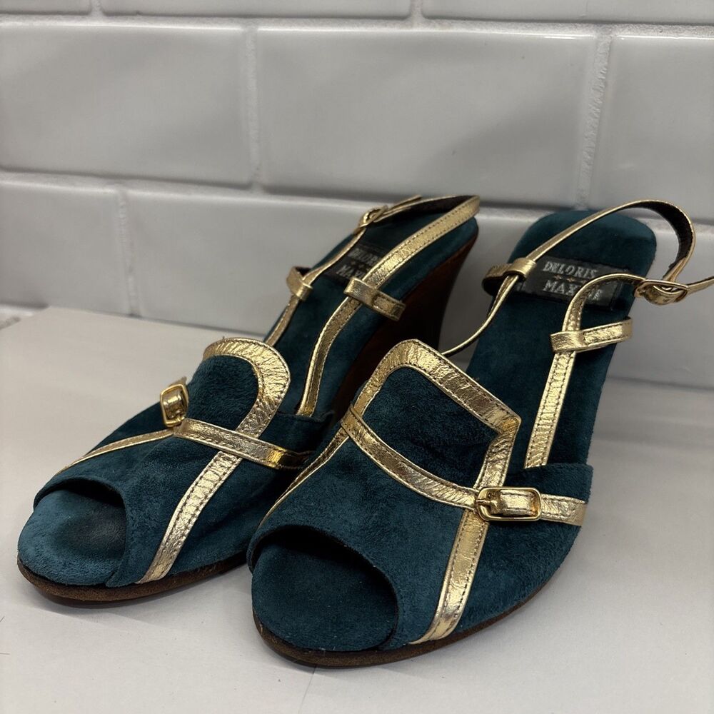 Delores & Maxine Suede Wedge Heel Jade & Gold Women’s Size 6 Leather